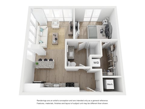 Floor plan for 1 bed, 1 bath, 652 sqft